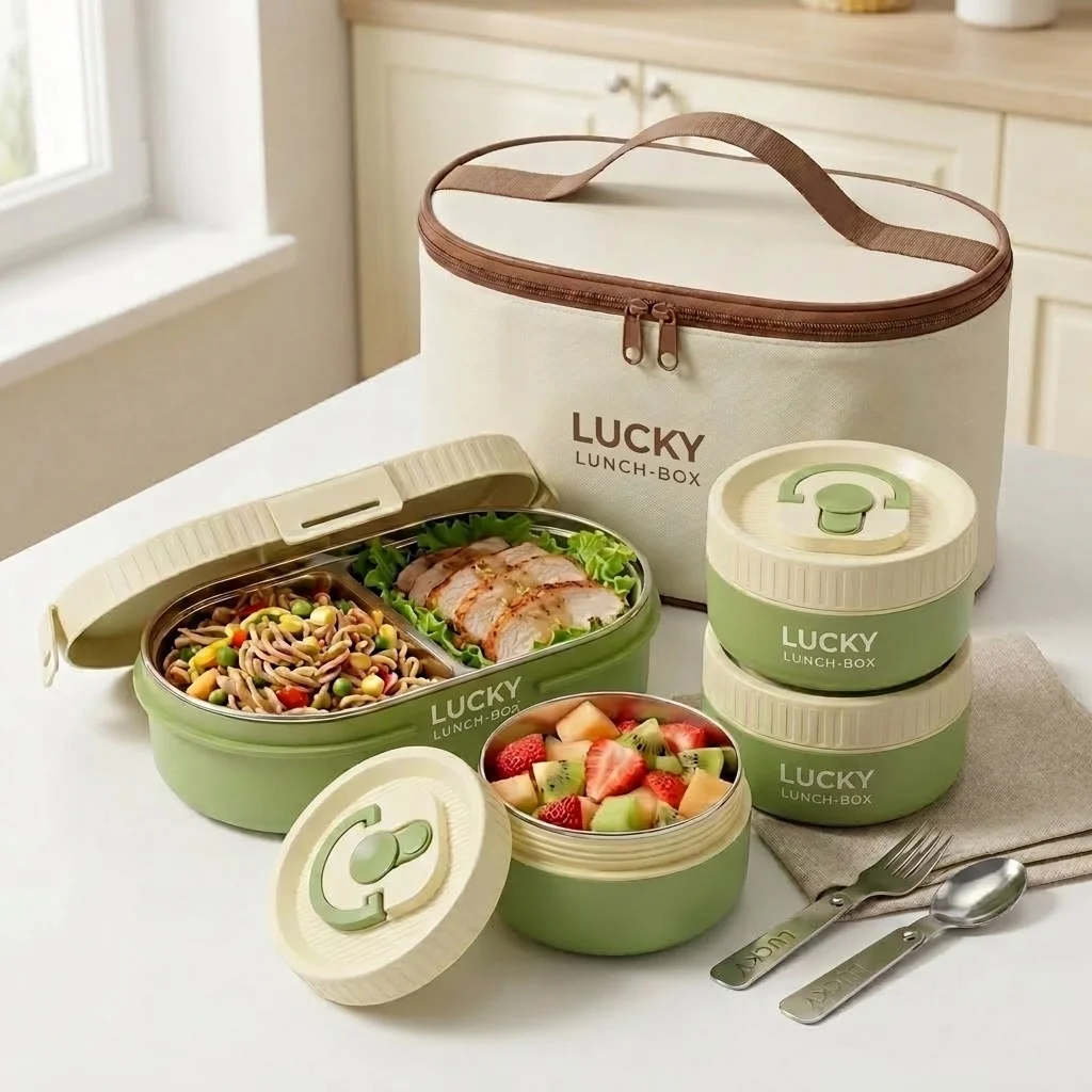 Food Storage With Dividers - กล่องอาหารกลางวันแบบมีช่องแบ่ง ทำจากสแตนเลส 304 ทนความร้อน พร้อมหูหิ้ว สามารถนำเข้าไมโครเวฟได้