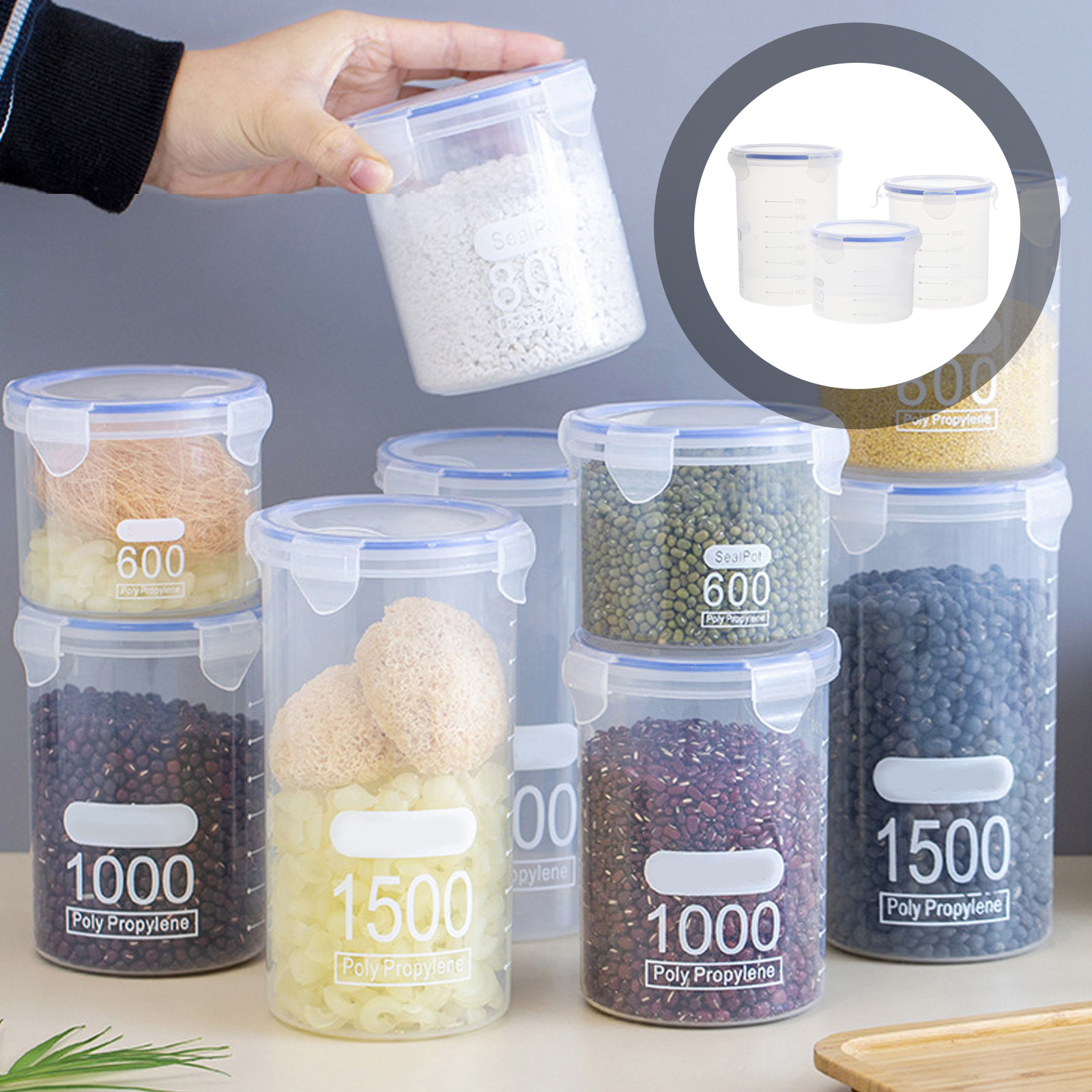 Food Storage Containers - ชุดโหลเก็บอาหารแบบปิดสนิท 6 ชิ้น ภาชนะพลาสติกใสสำหรับเก็บธัญพืช กระปุกเก็บของในครัว
