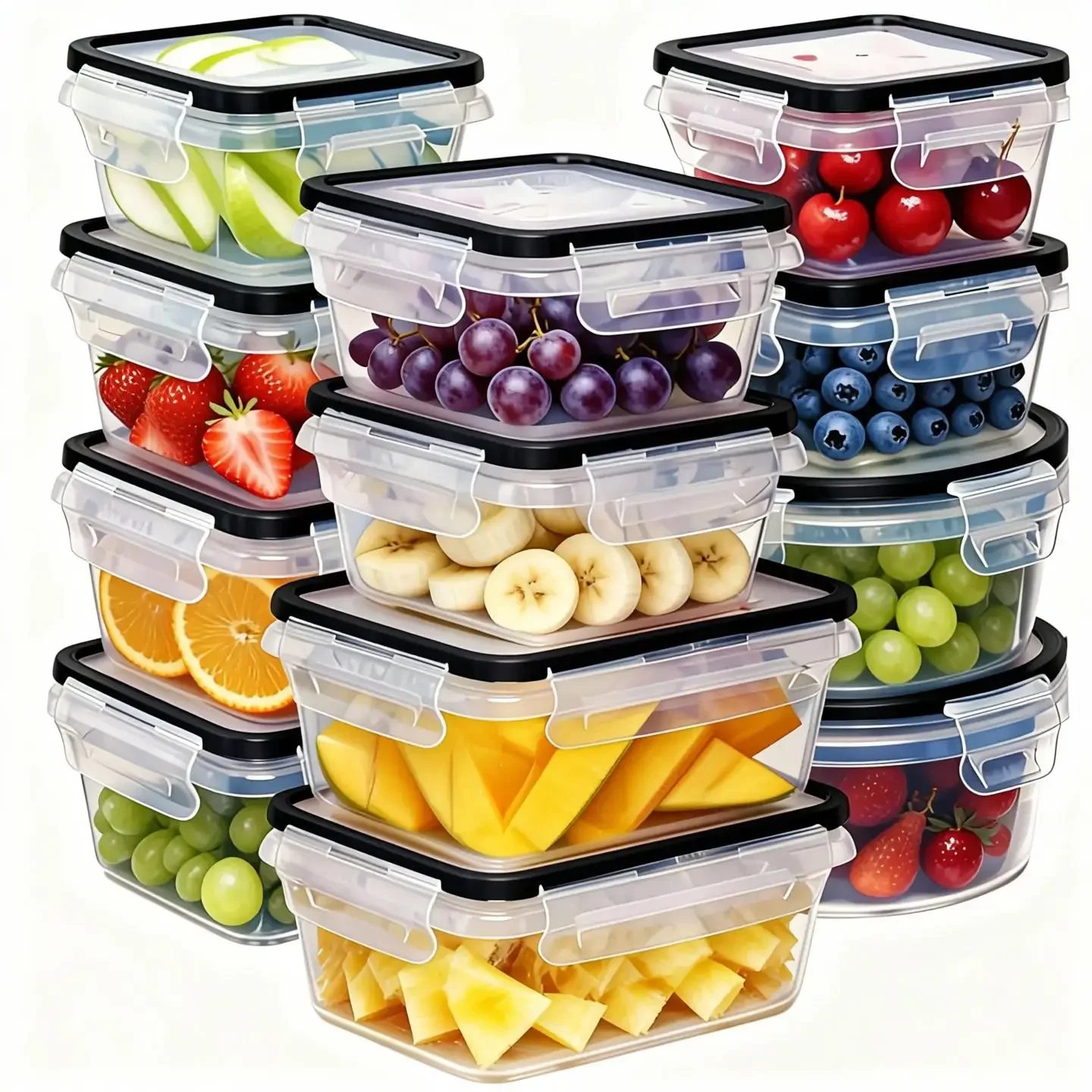 Food Storage With Dividers - ชุดกล่องเก็บอาหารแบบปิดสนิท 12 ชิ้น พร้อมฝาปิด พลาสติกใส ยืดหดได้