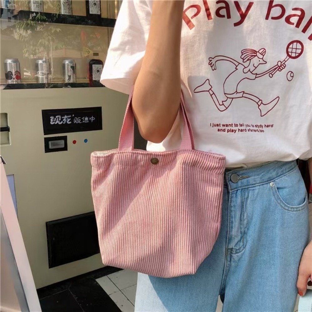 Food Storage Bag - กระเป๋าใส่อาหารกลางวันผ้าคอตตอนลายคอร์ดูรอยทันสมัย กระเป๋าถือสะพายไหล่แบบพกพาขนาดเล็กสำหรับปิกนิก