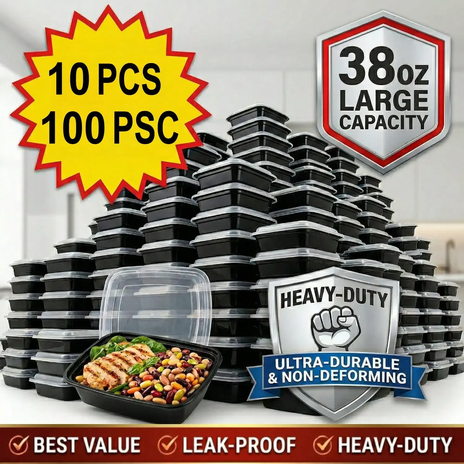 Food Storage Meals - 10/100 ชิ้น กล่องอาหารสี่เหลี่ยมสีดำ ขนาด 38 ออนซ์